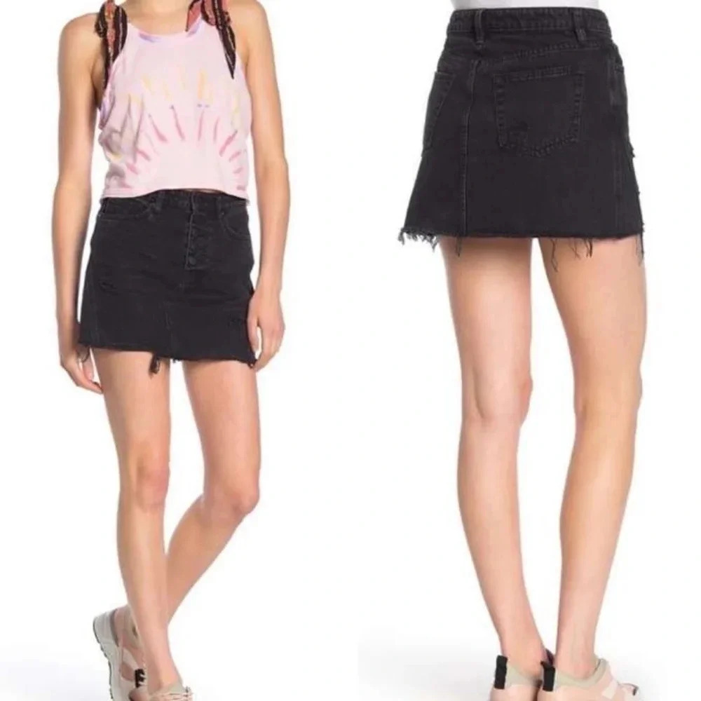 We The Free Distressed Button Fly Mini-Skirt, Color Rainn Black Size 26